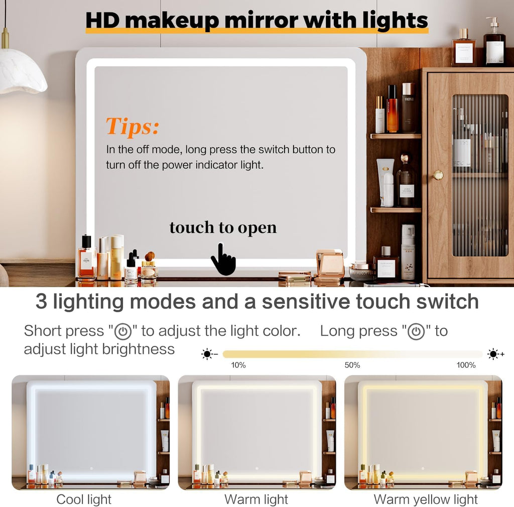 Arulvmrn Vanity Desk with 29.53" HD Lighted Mirror, 47.24" Big Modern Vanity Desk with Mirror and Lights, Makeup Vanity with 5 Drawers and Storage Shelves and Charging Station,B0F7QPHWWM