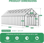 CDCASA 10x32 FT Greenhouse for Outdoors,Large Easy Assembly Thicker Aluminum Polycarbonate Greenhouses w/7 Windows, Double Door, Walk-in Green House for Outside,Patio,Backyard,Garden