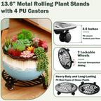 3 Packs Large Metal Plant Caddy with PU Wheels 13.6" Heavy-duty Wrought Iron Rolling Plant Stands Indoor Outdoor Wheeled Plant Dolly Planter Mover Rollers Plant, Leaf Style