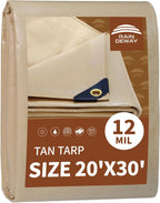 RAINDEWAY 20x30 Feet Heavy Duty Tarp,12 Mil Tan Waterproof Poly Tarp Cover,UV Resistant,Weatherproof,Durable,Multipurpose Tarps with Grommets and Reinforced Edges