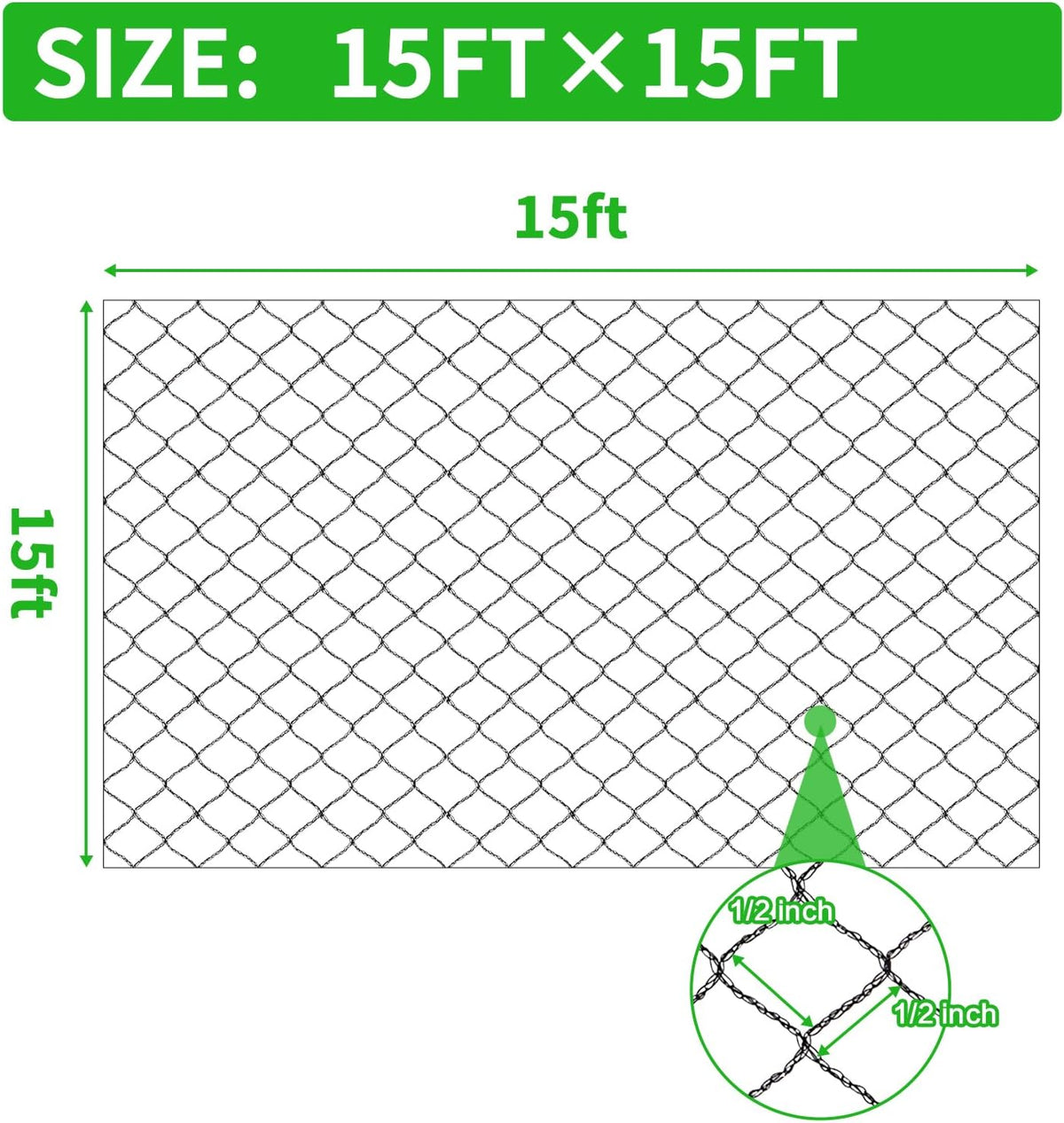Woven Bird Netting 15X15 FT, 1/2" Mesh, Strong Bird Net Protect Fruit Trees, Blueberry, Vegetables, Strawberry Plants, Garden Netting Pest Barrier, Against Deer, Squirres, Small Critters
