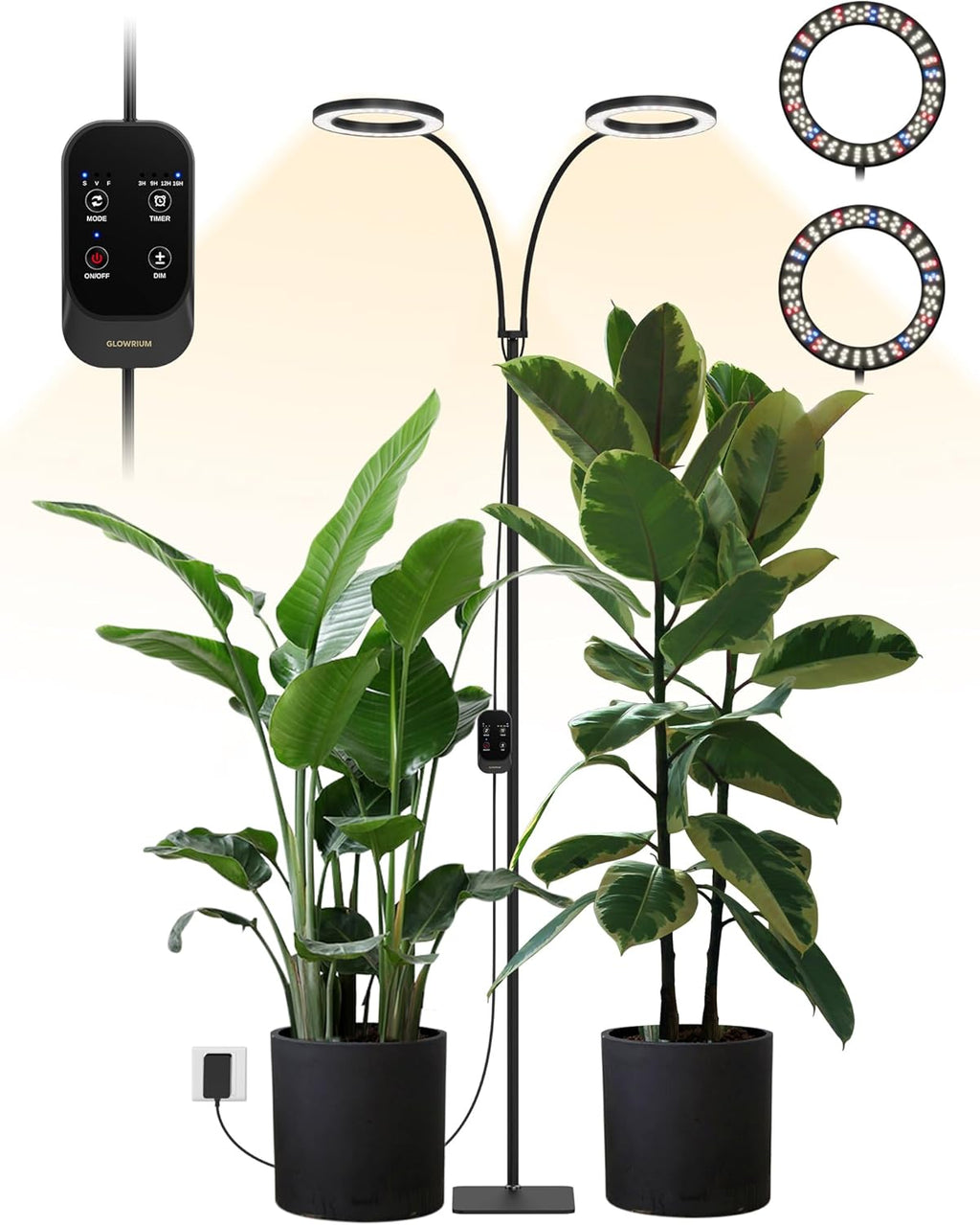 GLOWRIUM 48W LED Dual-Head Grow Light for Indoor Plants, 23.5-71" Adjustable Height, 3-Growing Full Spectrum for Tall Plant Light, 3/9/12/16H Timer, 6-Level Dimming, Ideal for Large Tall Plants