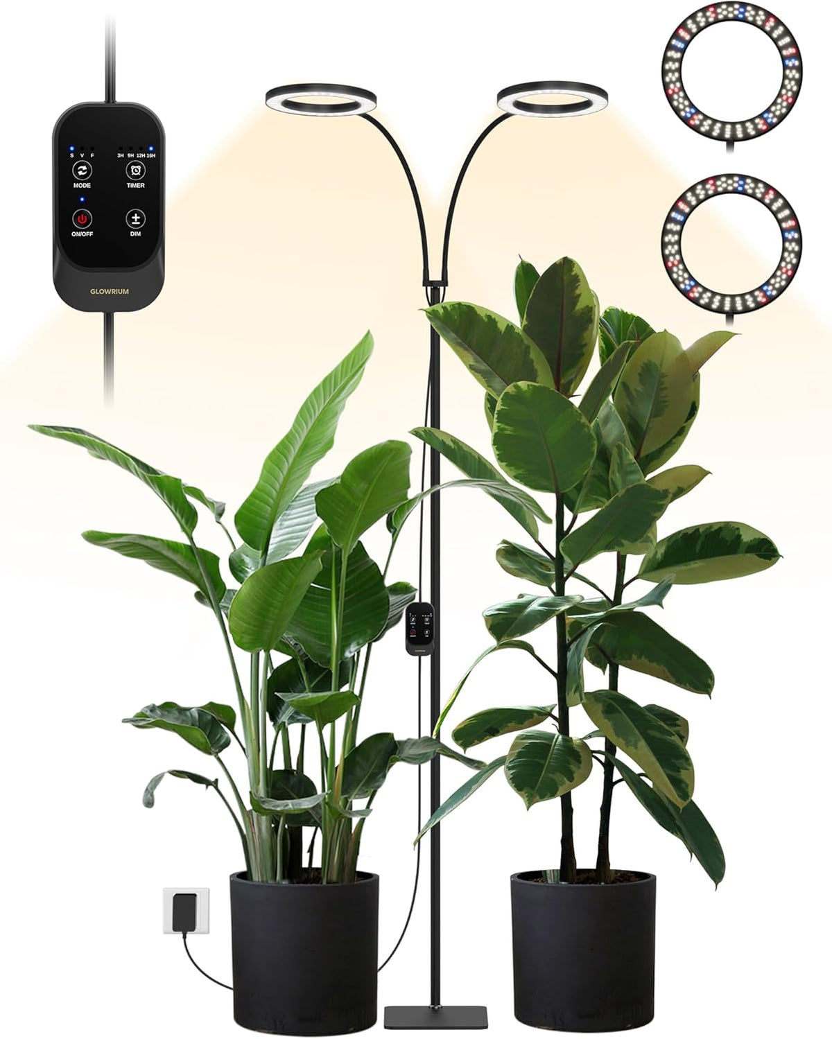 GLOWRIUM 48W LED Dual-Head Grow Light for Indoor Plants, 23.5-71" Adjustable Height, 3-Growing Full Spectrum for Tall Plant Light, 3/9/12/16H Timer, 6-Level Dimming, Ideal for Large Tall Plants