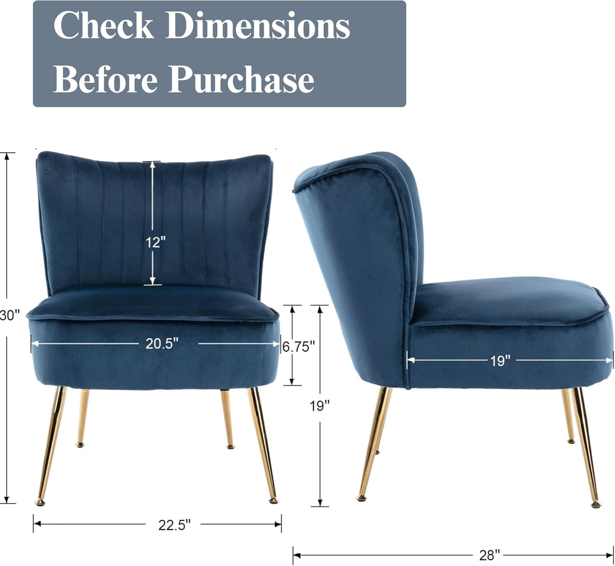Velvet Accent Chair Set of 2 Comfy Living Room Chair Armless Slipper Chair Mid Century Side Single Sofa Chair with Golden Legs Wingback for Bedroom Guest Room, Blue