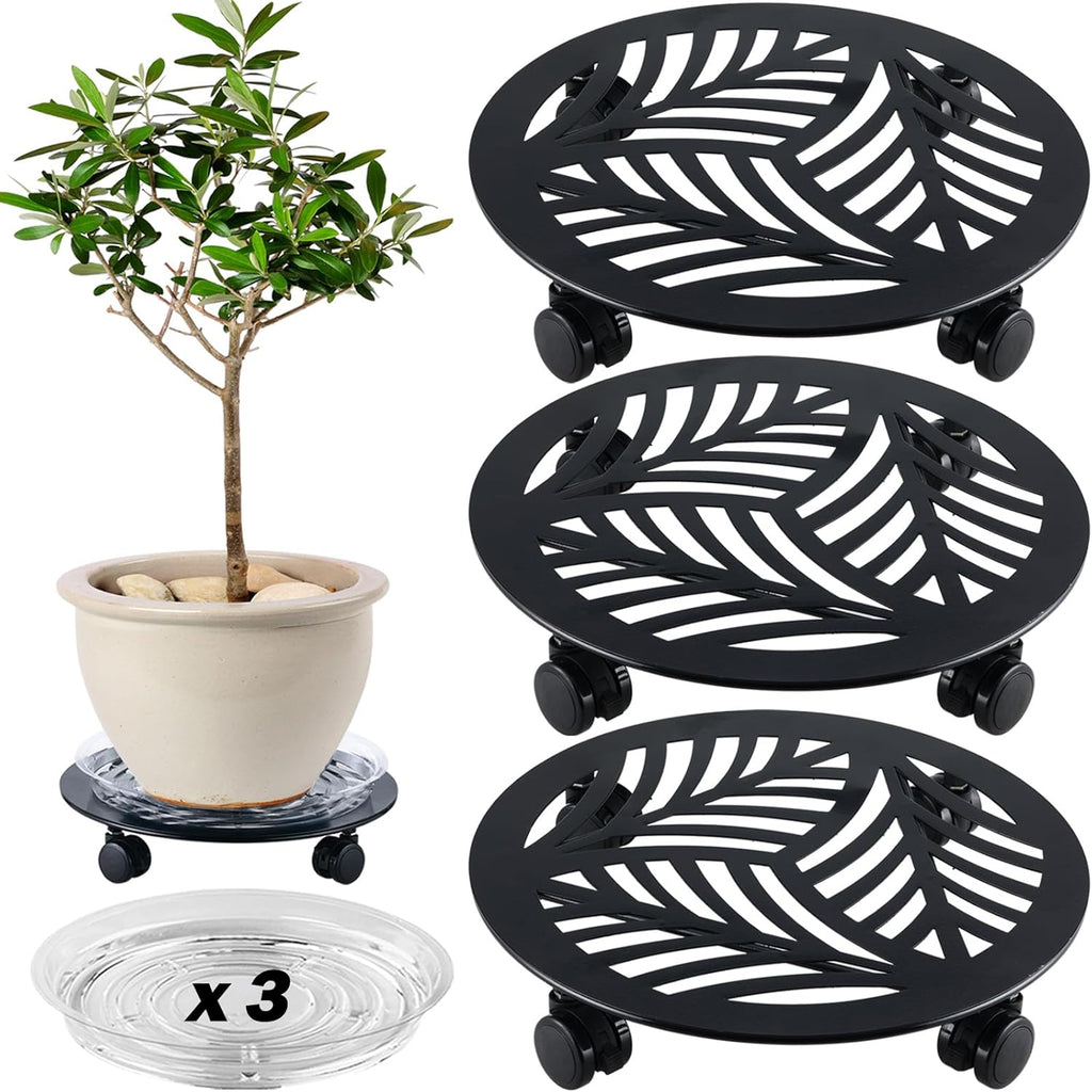3 Packs Large Metal Plant Caddy with PU Wheels 13.6" Heavy-duty Wrought Iron Rolling Plant Stands Indoor Outdoor Wheeled Plant Dolly Planter Mover Rollers Plant, Leaf Style