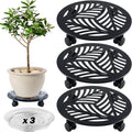 3 Packs Large Metal Plant Caddy with PU Wheels 13.6" Heavy-duty Wrought Iron Rolling Plant Stands Indoor Outdoor Wheeled Plant Dolly Planter Mover Rollers Plant, Leaf Style