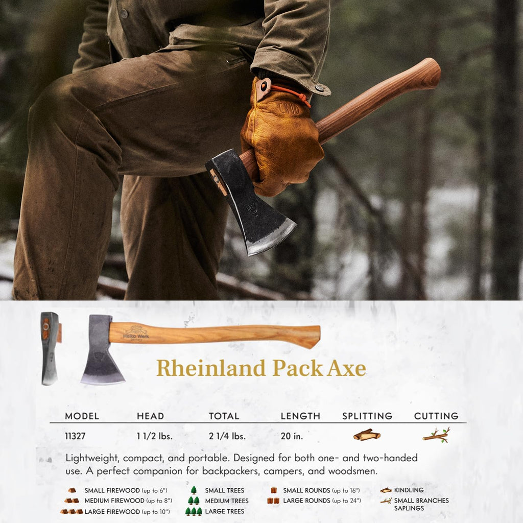 1844 Helko Werk Germany Traditional Rheinland - Made in Germany Compact Lightweight Axe for Backpacking Camping Long Hatchet - Head 1.5 lbs, Handle 20 in. (Rheinland Pack Axe) #11327