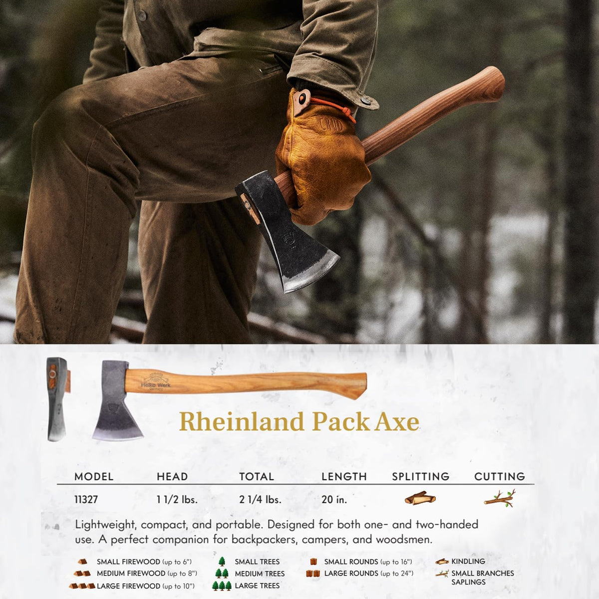 1844 Helko Werk Germany Traditional Rheinland - Made in Germany Compact Lightweight Axe for Backpacking Camping Long Hatchet - Head 1.5 lbs, Handle 20 in. (Rheinland Pack Axe) #11327