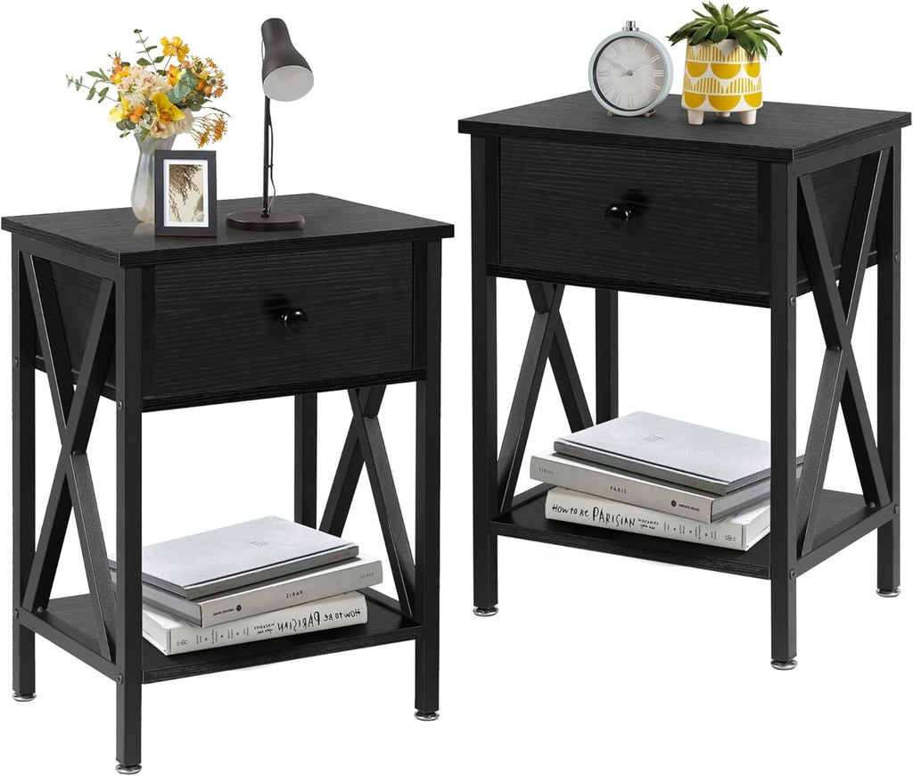 VECELO Nightstands Set of 2, Modern Bedside End Tables, Night Stands with Drawer and Storage Shelf for Living Room Bedroom, Industrial Metal Frame