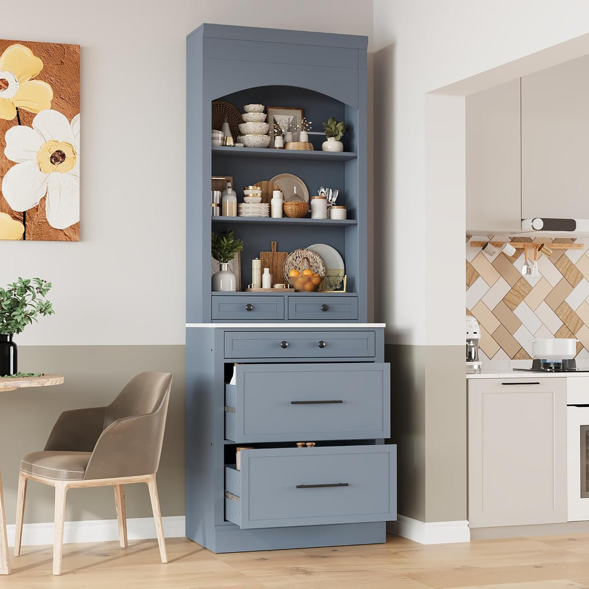 Merax Modern 83.7inch Freestanding Kitchen Hutch with Faux Marble Top, Kitchen Pantry with 5 Storage Drawers and Adjustable Shelf, Gray