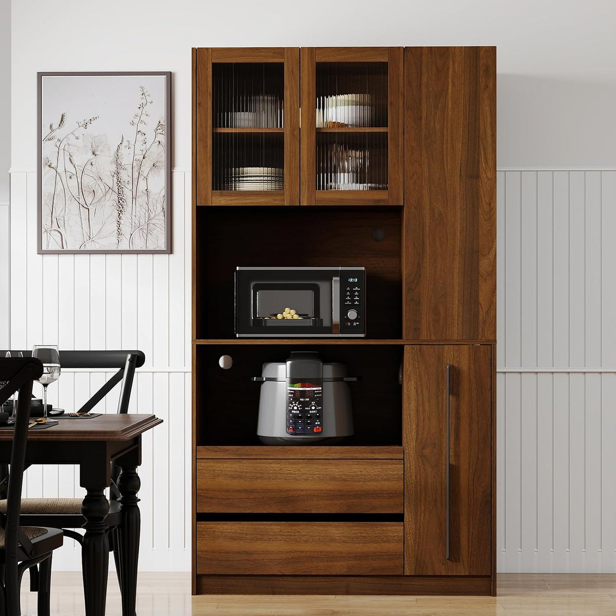 Tall Kitchen Hutch Cabinet with Pull-out Shelves, Storage Drawers, Glass Doors Freestanding Cable Management Pantry Large Kitchen Cupboard for Dining Room with Microwave Countertop Walnut Finish