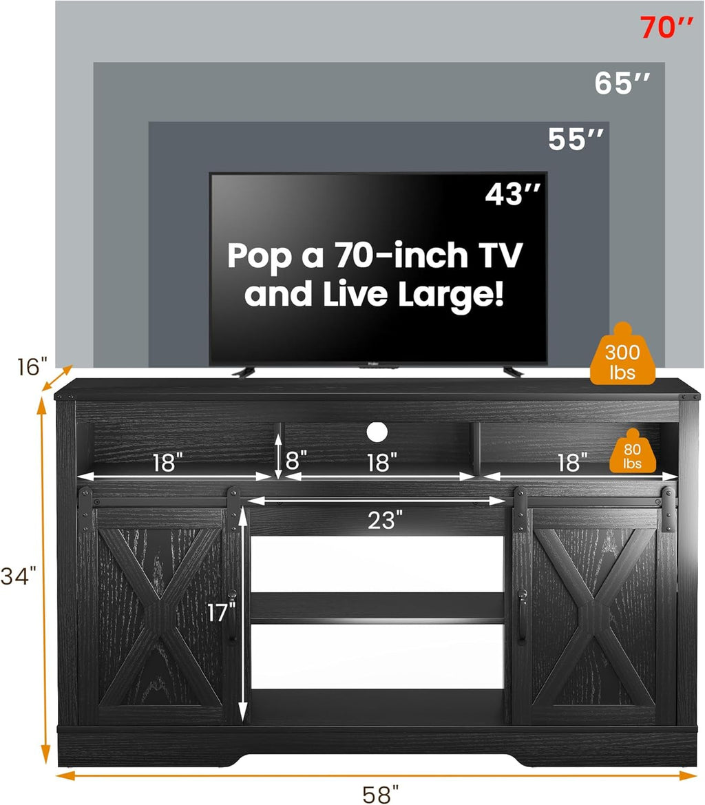 FansaFurn Farmhouse TV Stand for 65+ Inch TV | 34" Entertainment Center with Sliding Barn Doors, Rustic Wood Storage Cabinet for Living Room, Bedroom, Black