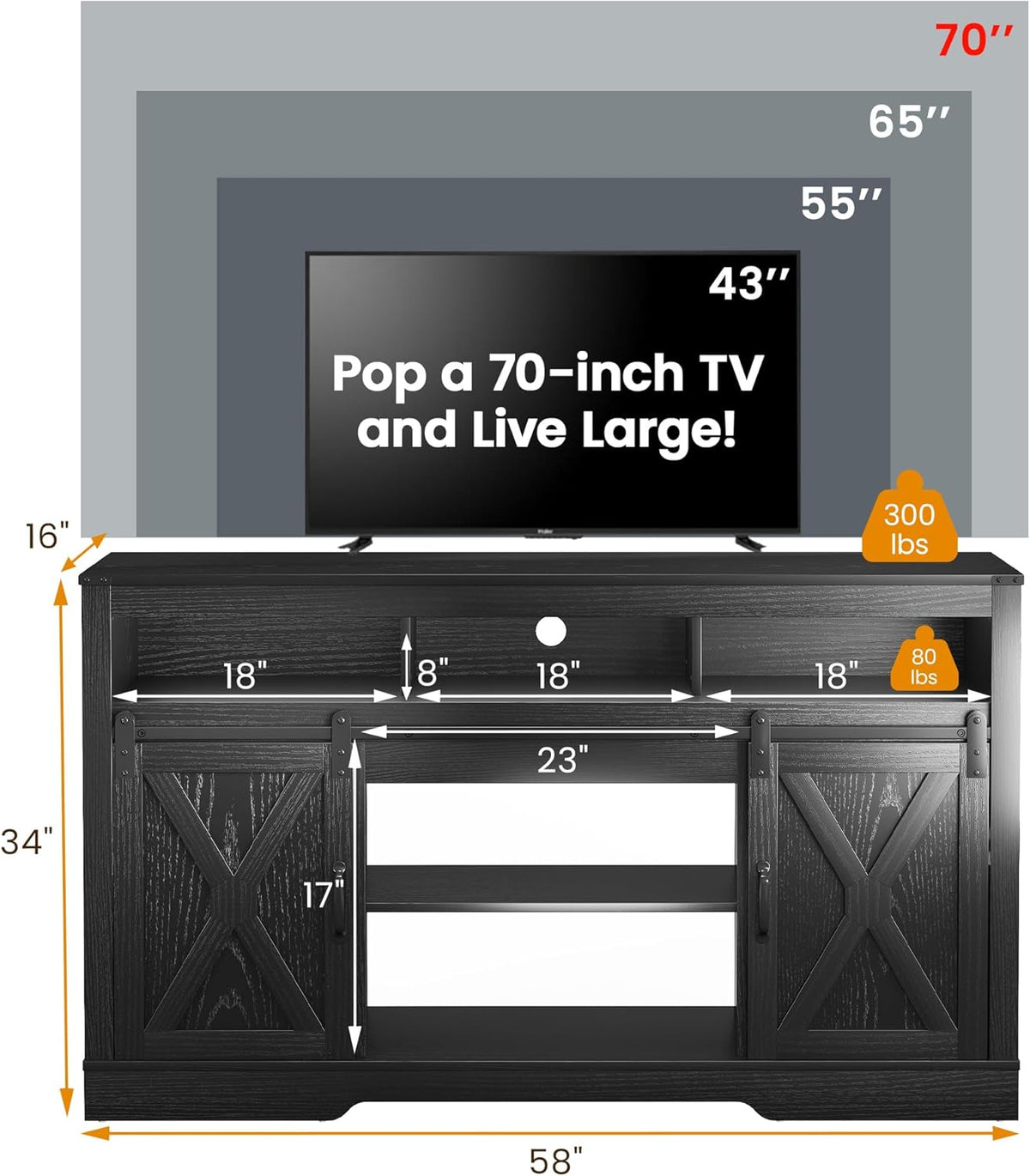 FansaFurn Farmhouse TV Stand for 65+ Inch TV | 34" Entertainment Center with Sliding Barn Doors, Rustic Wood Storage Cabinet for Living Room, Bedroom, Black