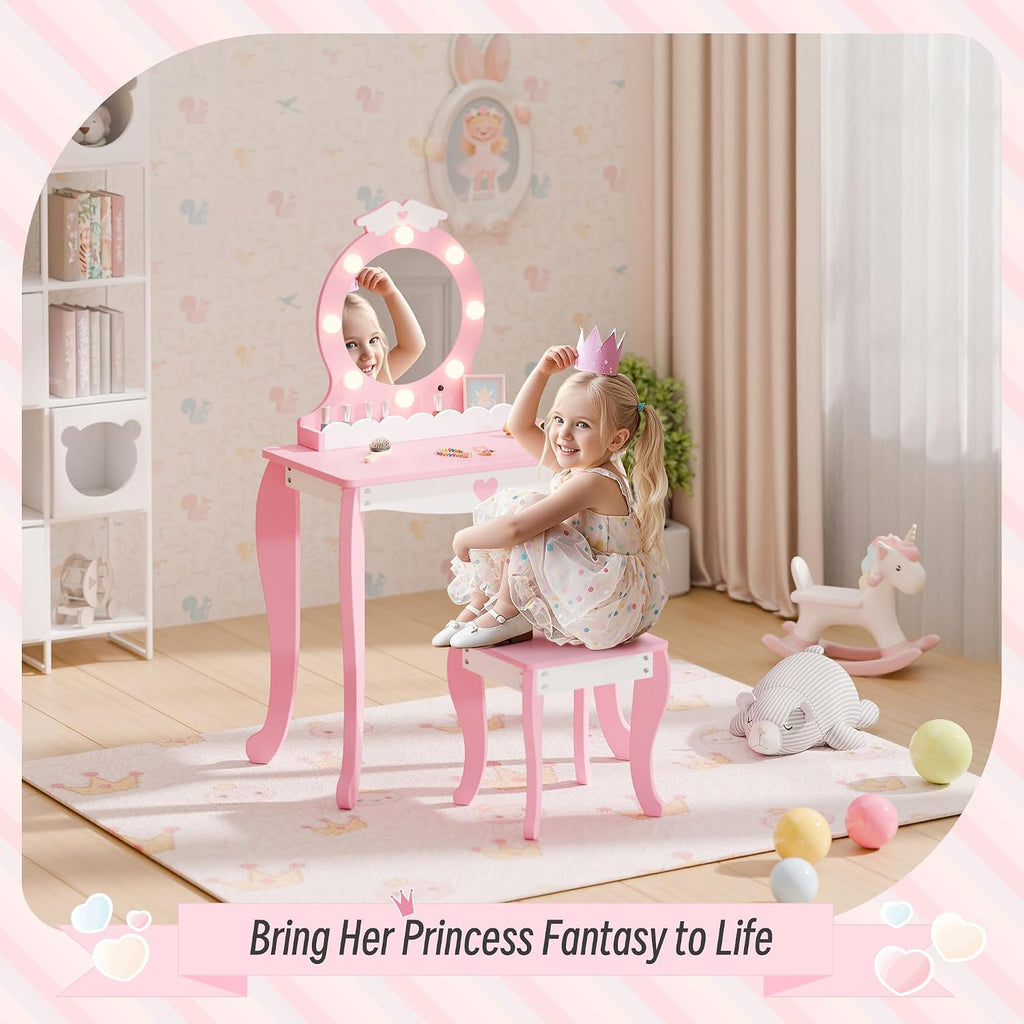 TOLEAD Girls Vanity with Lights, Mirror and Stool, Kids Make Up Vanity Set with Storage Space, Wing Pattern for Little Girls, Toddler Princess Makeup Dressing Table with Chair Set, Pink