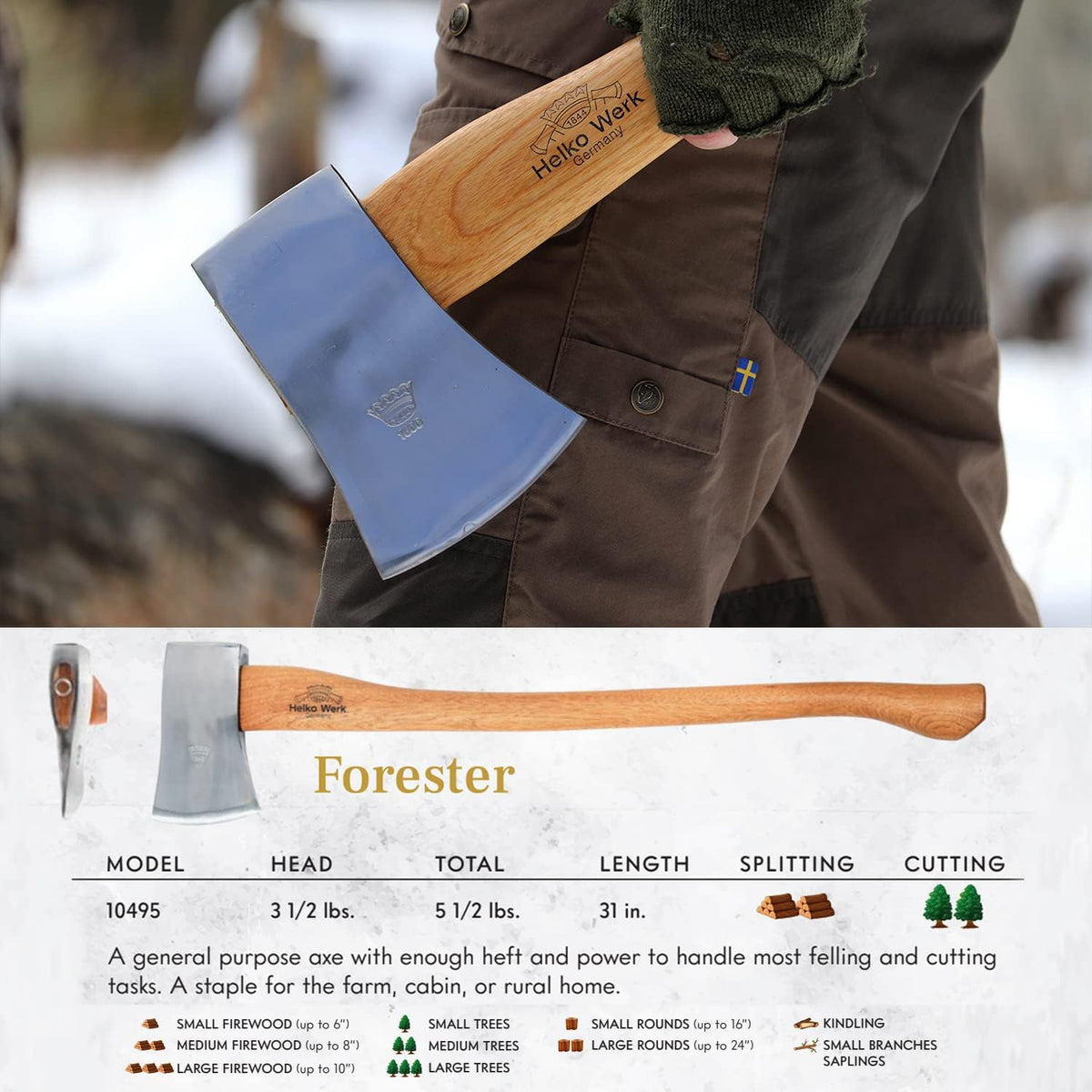 1844 Helko Werk Germany Classic Forester - 3.5 lb Felling Axe - Made in Germany Multi-Purpose Cutting and Felling Axe for Felling Trees, Splitting Wood - Head 3.5 lbs, Handle 31 in.(Forester) #10495