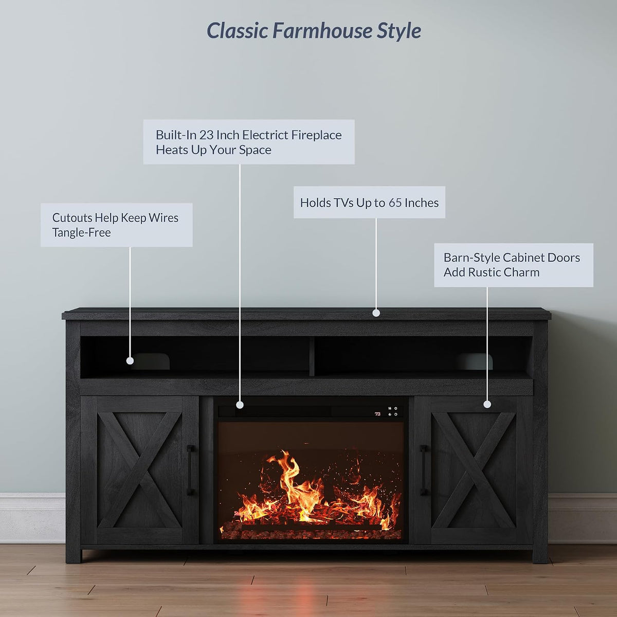 BELLEZE 58" Farmhouse Fireplace TV Stand for TVs up to 65", 23" Electric Fireplace Heater with Sound, Entertainment Center Media Console Table Barn Door Storage Cabinets for Living Room - Rustic Grey