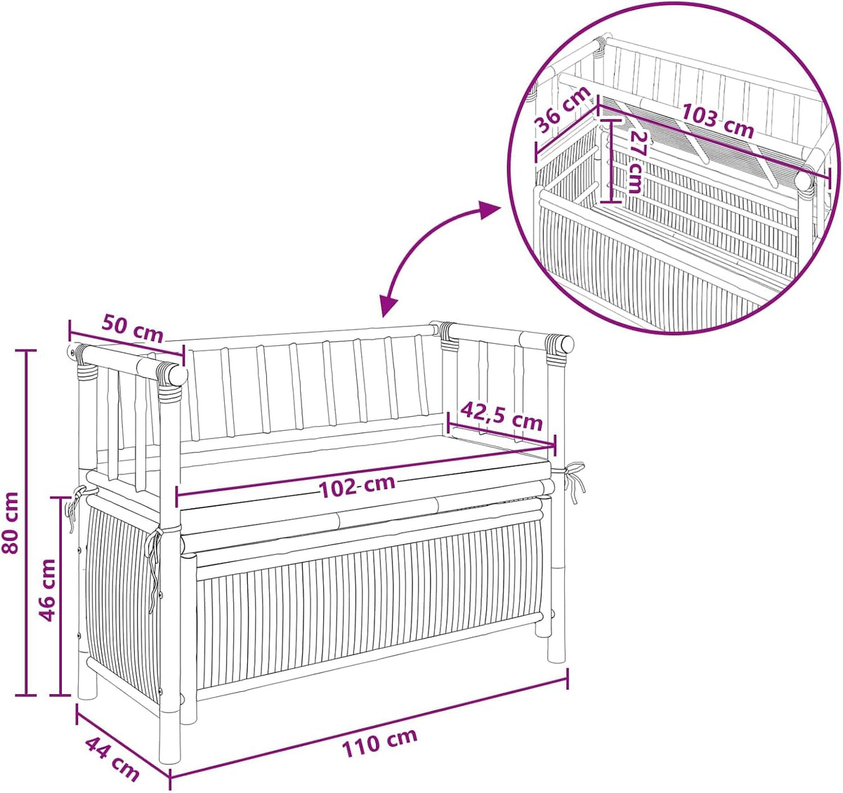 Natural Bamboo Garden Storage Bench with Hidden Compartment, 110 x 47 x 80 cm, Post Leg Design for Indoor and Outdoor Use, Easy Assembly Required