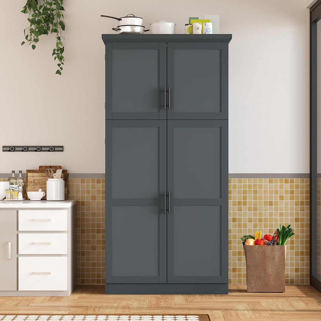 71" Tall Kitchen Pantry Cabinet with 4 Doors, 8 Pull-out Trays (Gray) | Adjustable Shelves, Freestanding Storage Cabinet for Kitchen Dining Room Living Room, Anti-Tip Design