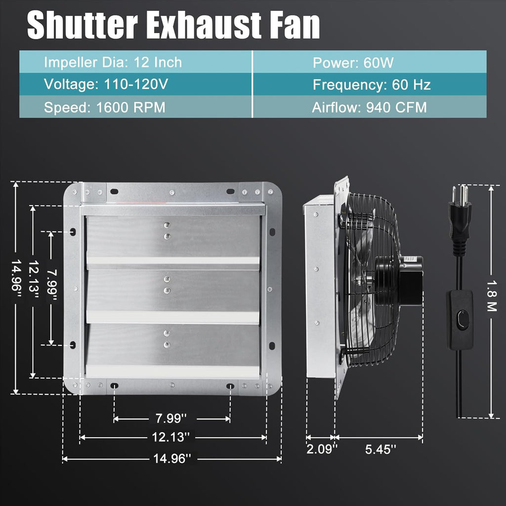 Criditpid 12 Inch Shutter Exhaust Fan, 970 CFM Wall Mounted Fan, Attic Vent Fan with Speed Controller and Thermostat for Greenhouse, Garages, Warehouse, Shed, Basement, Chicken Coops Ventilation.