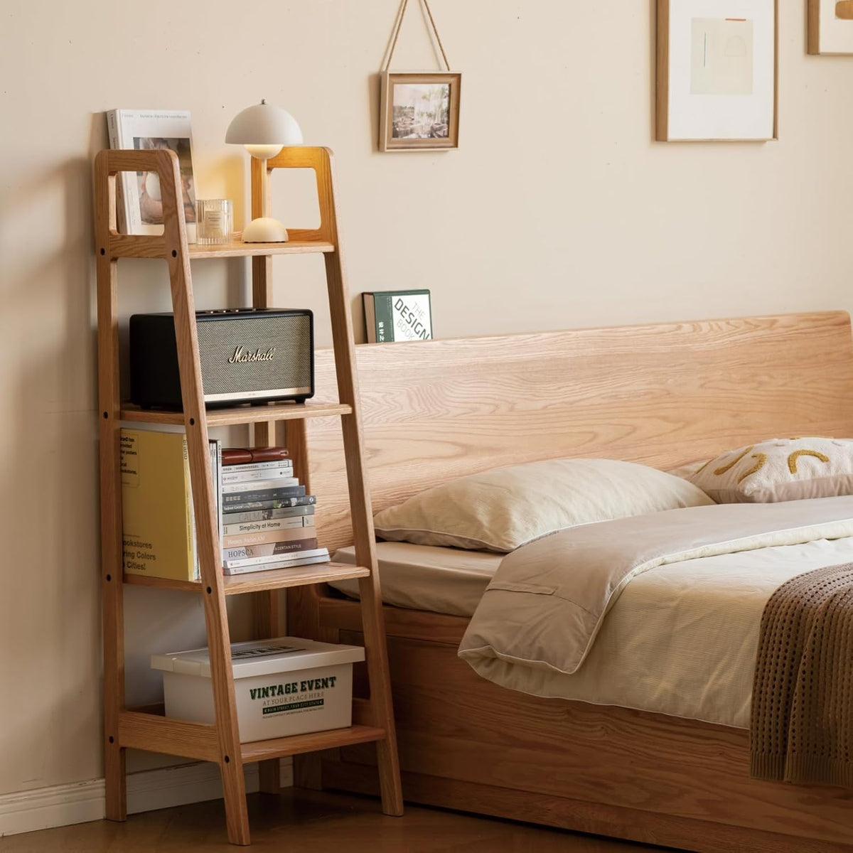 100% Solid Oak 4 Tier Ladder Shelf, Small Bookshelf, Ladder Bookshelf, Bookcase with Stable Frame, Small Table for Living Room Bedroom (Natural,17.32" D x 16.53" W x 53.54" H)