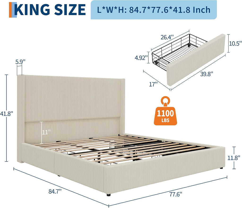 King Bed Frame with 4 Storage Drawers, Corduroy Upholstered Platform Bed