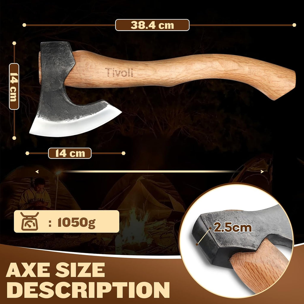 Tivoli 15 Inch Camping Axes and Hatchets, Bushcraft Axe for Wood Splitting and Kindling,Hand Forged Carbon Steel Chopping Axes Ash Wood Handle with Sheath for Camping and Survival