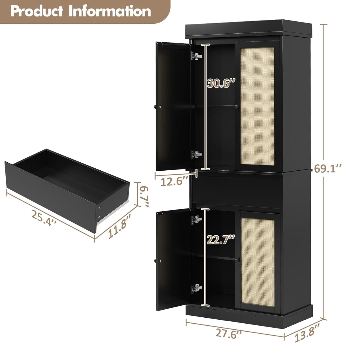 69'' Tall Pantry Cabinet - 4 Rattan Doors, Drawer, and 2 Adjustable Shelves - Freestanding Storage Cupboard for Entryway, Kitchen, Dining Room, Bathroom, or Office,Black
