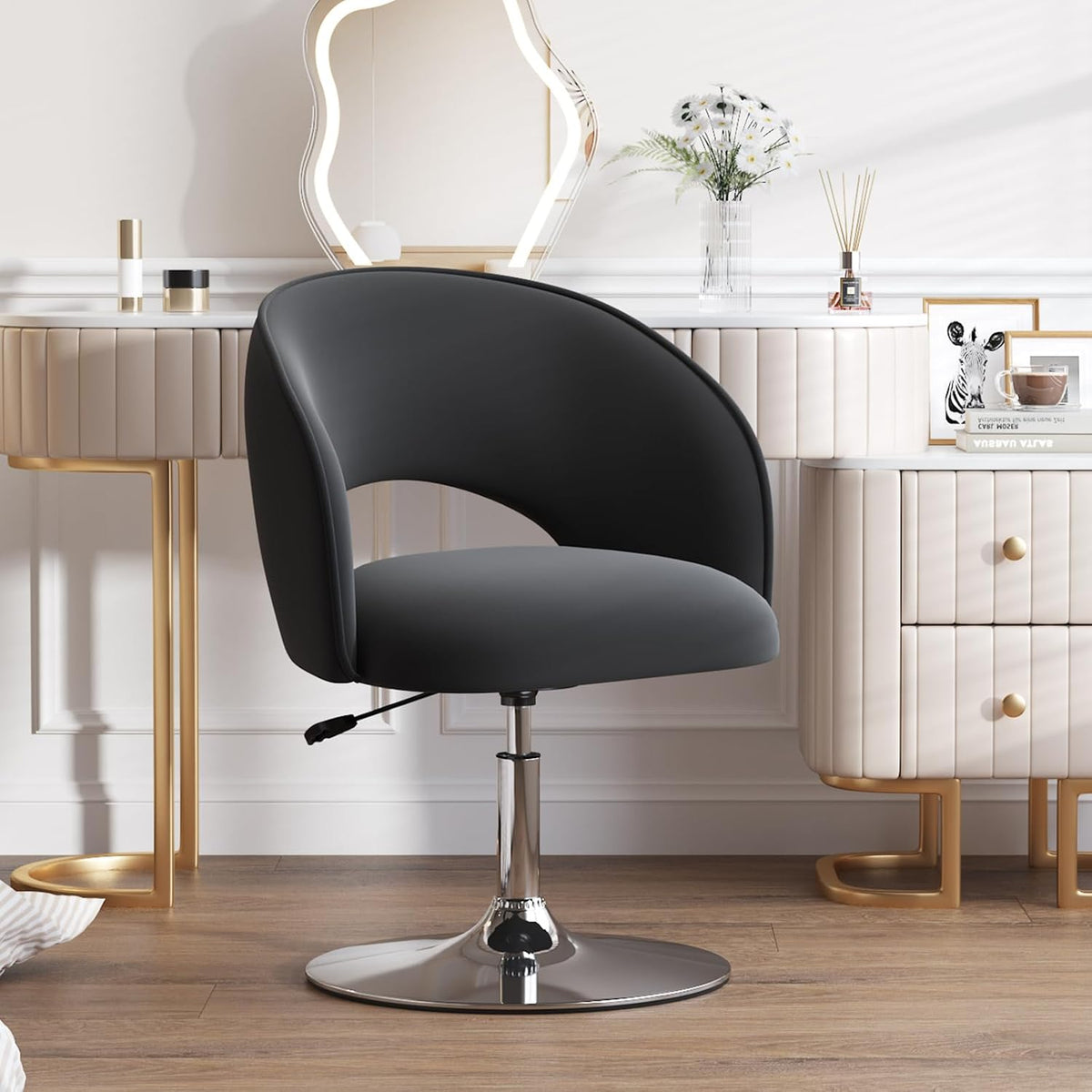 Furniliving Vanity Chair, Salon Chair Flexible Round-Back, 360° Accent Chair with Plated Frame Height Adjustable Swivel Chairs for Living Room, Bedroom, Lounge Pub Bar, Velvet, Black