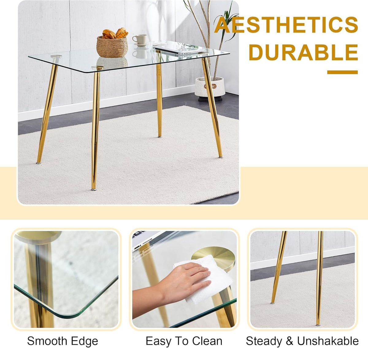 Modern Gold Glass Dining Table Set for 4, 51'' Clear Glass Top Rectangular Dinner Room Table Set, 5 PCS Luxury Kitchen Table Set, Black Woven Chair for Kitchen Apartment Living Room