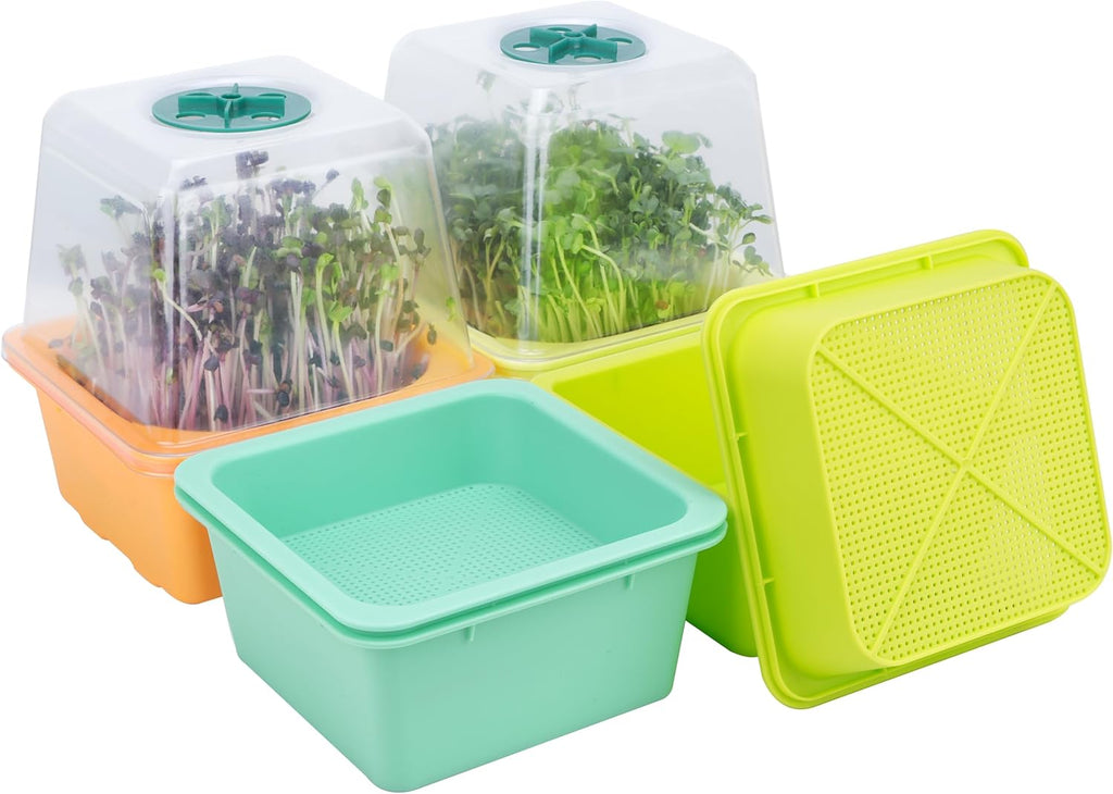 Microgreen Growing Trays, LUVCSOY Sprouting Tray with Humidity Dome, 1.2 mm Small Mesh Holes, BPA Free, Sprouter Kit for Growing Mirco Seeds, Like Broccoli, Alfalfa, Radish, Clover - 4 Pack | Colorful