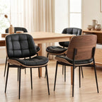 GrandNoor Mid Century Modern Dining Chairs with Walnut Grain Back, Black Faux Leather Dining Room Chairs Set of 2, Checkered Soft Cushion Kitchen Chairs with Adjustable Foot Pads