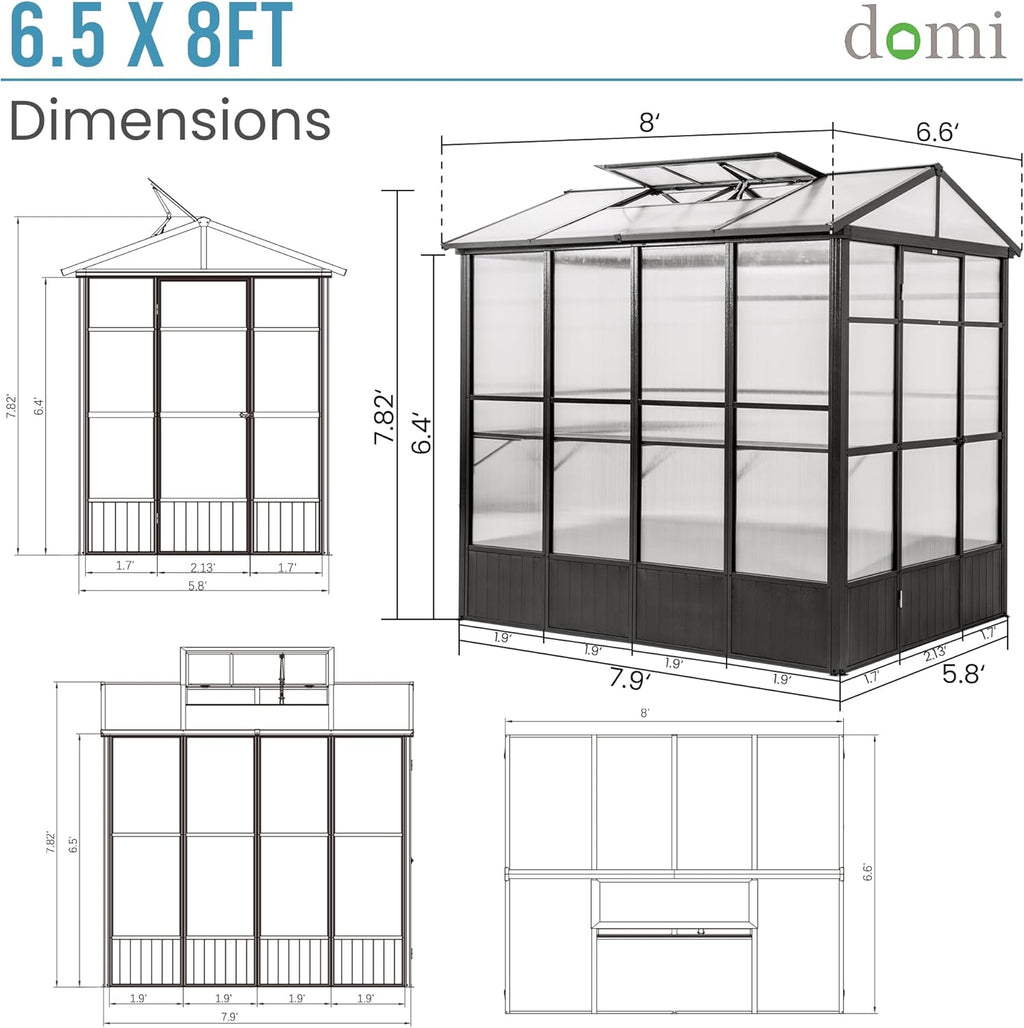 Domi 6.5x8FT Polycarbonate Greenhouse with Automatic Vent, Extra Tall 7.8FT Walk-in Aluminum Frame, Weather-Resistant Green House with Shelves & Hooks for Outdoor Garden, Backyard, Dark Grey