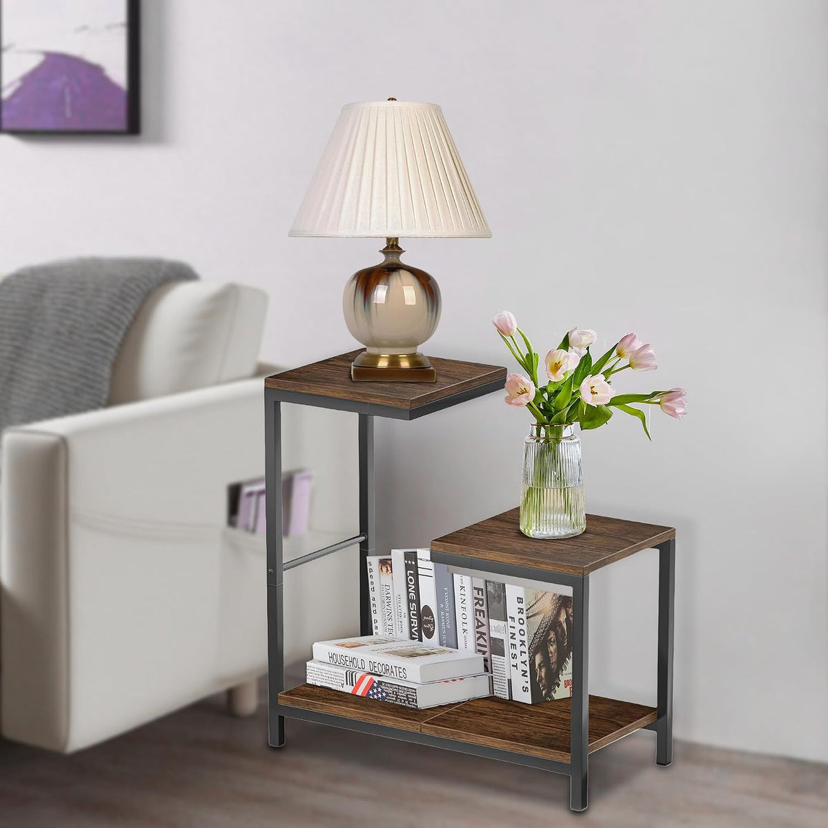 NUNET G-Shaped End Table with Storage Shelf – Rustic Brown Space-Saving Corner Table for Small Spaces, Living Room, Bedroom & Balcony | Multi-Use Side Table for Couch, Office, or Bedside