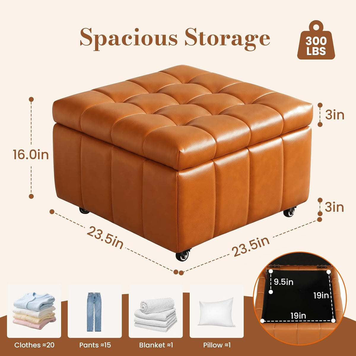 Square Leather Ottoman with Storage and Wheels,360°Rolling ottoman,Faux Leather Flip Top Storage Footstool Coffee Table, Rolling Upholstered Storage Ottoman for Living Room Entryway Bedroom (Brown)