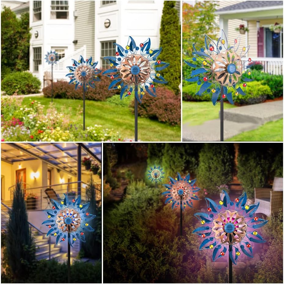 Solar Wind Spinner Retro Spinner, Waterproof Outdoor Metal Wind Sculpture for Patio, Lawn & Garden Decor