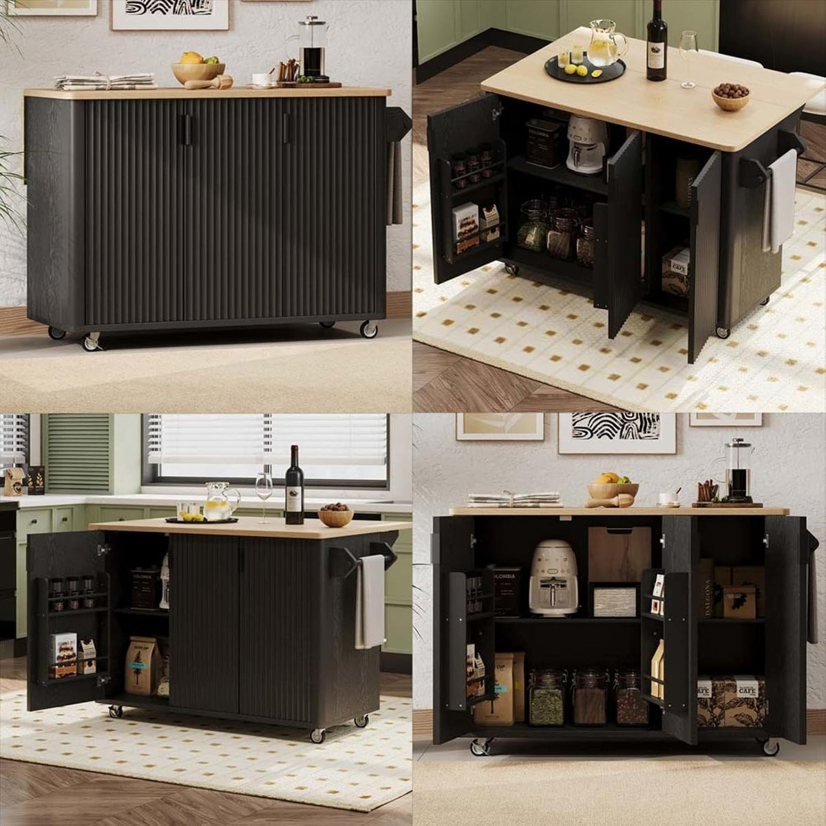 Kitchen Storage Islands and Carts with Drop Leaf Countertop Height-Adjustable Shelves, Rolling Island Cart for Kitchen with Wheels Towel Rack， for Kitchen, Dining Room, Black