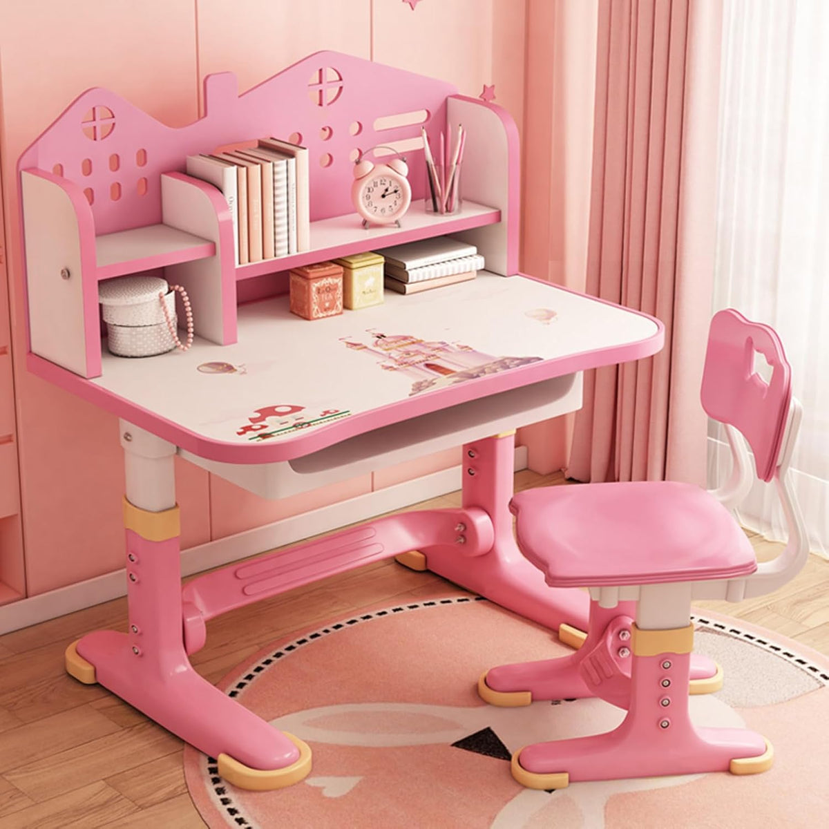 Kids Study Desk and Chair Set,Height Adjustable & Cartoon Design with Bookshelf & Book Basket, Eco-Friendly Materials Study Desk and Chair Set, Suitable for Writing & Reading