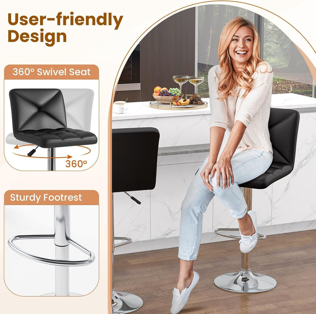 COSTWAY 3 Pieces Bar Table Set, Counter Height Table Set with 2 Bar Stools | Round Cocktail Table and PU Leather Adjustable Swivel Chairs, for Small Space, Kitchen, Office (Black+Black)