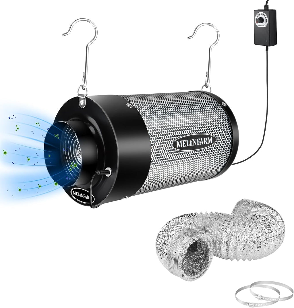 MELONFARM Air Filtration Kit 4", Built-in 14cm Fan Low Nois Carbon Filter with 12-Speed Controller, 8' Ducting, Cooling & Ventilation System for Grow Tents, Indoor Gardening, Hydroponics 4“x12.2