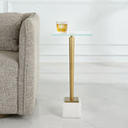 Miri Accent Table | Brass Plated and Tempered Glass Top with White Marble Base (11 in. W x 25 in. H)