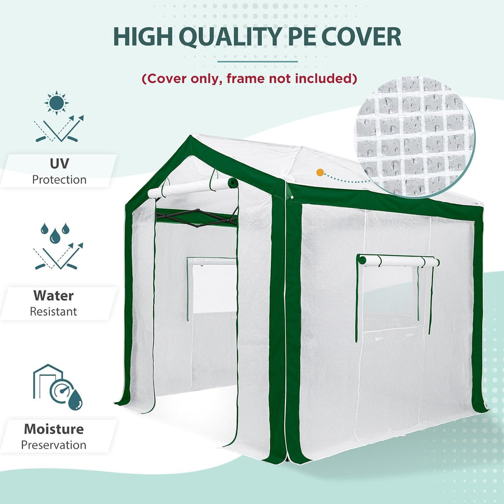 EAGLE PEAK Replacement Cover for 8x6 Portable Pop up Greenhouse with Polyester Reinforced Corners, Front Roll-Up Zipper Entry Door and 3 Large Roll-Up Side Windows (Frame Not Included), Green/White