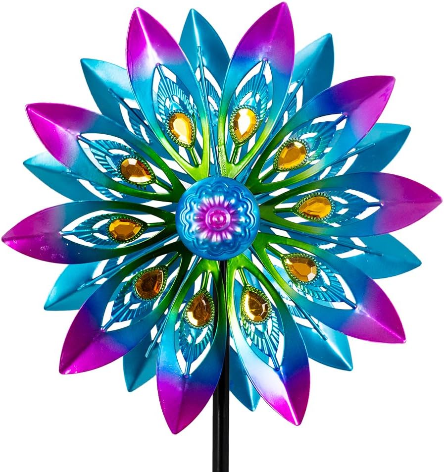 Metal Wind Spinner,13” Wind Spinners Outdoor,Peacock Windmill with Stake,Kinetic Wind Spinners for Yard and Garden,Multi-Color Pinwheels Yard Wind Sculptures,Waterproof Spinner for Patio Lawn