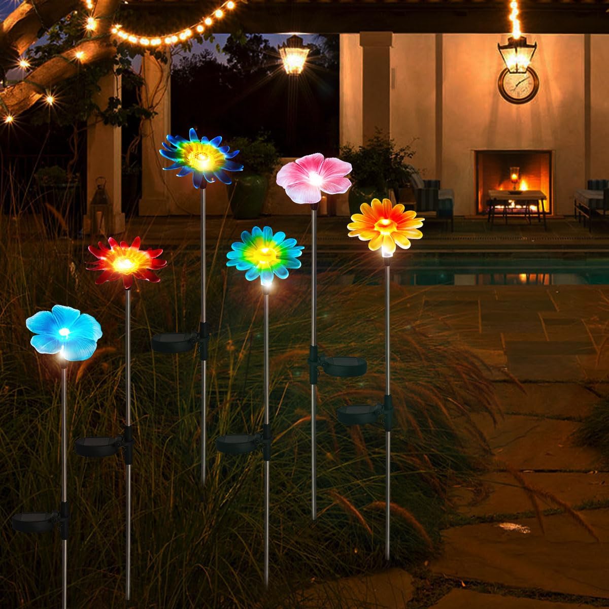 EiGreen 6 Pack Solar Garden Lights Outdoor Decor,Stake Yard Figurine Colorful Flower Light, Housewarming Ornament for Patio, Lawn, Yard, Pathway (Art Deco)
