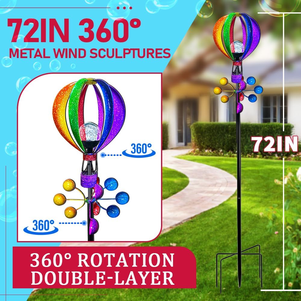 Solar Wind Spinner Outdoor - Hot Air Balloon Wind Spinners, Metal Garden Decor with LED Lights, 360° Rotating Waterproof Yard Decorations, Solar Powered for Day & Night, Lawn & Patio Windmill