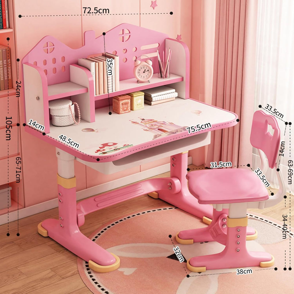 Kids Study Desk and Chair Set,Height Adjustable & Cartoon Design with Bookshelf & Book Basket, Eco-Friendly Materials Study Desk and Chair Set, Suitable for Writing & Reading