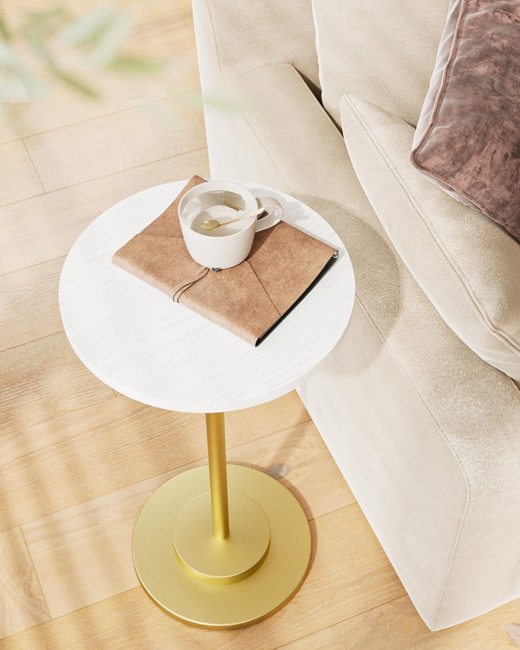 Masupu Drink Table, Round Side Table for Small Spaces, Pedestal Side Table, Small End Table with Metal Base, for Living Room, Bedroom, Bathroom, White Gold