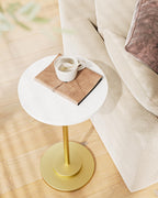 Masupu Drink Table, Round Side Table for Small Spaces, Pedestal Side Table, Small End Table with Metal Base, for Living Room, Bedroom, Bathroom, White Gold