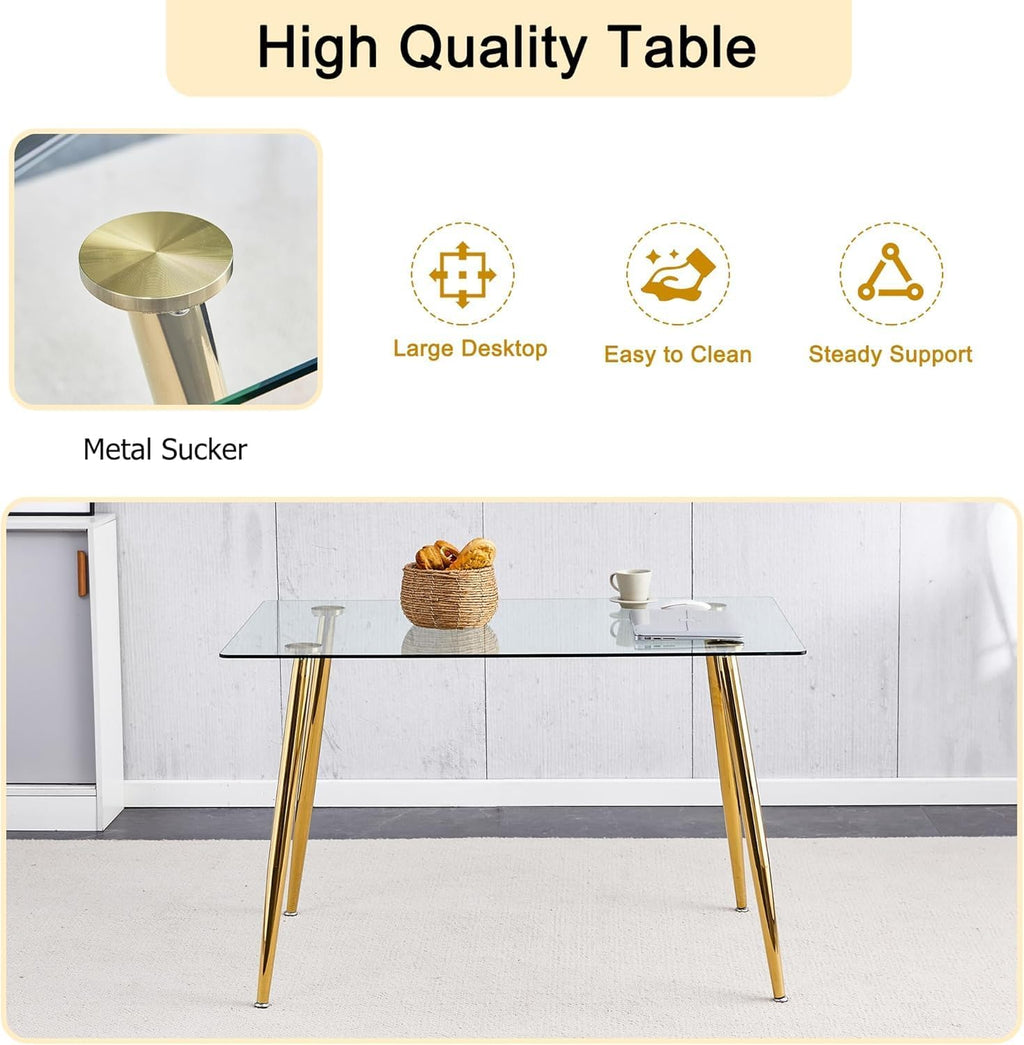 Modern Gold Glass Dining Table Set for 4, 51'' Clear Glass Top Rectangular Dinner Room Table Set, 5 PCS Luxury Kitchen Table Set, Black Woven Chair for Kitchen Apartment Living Room
