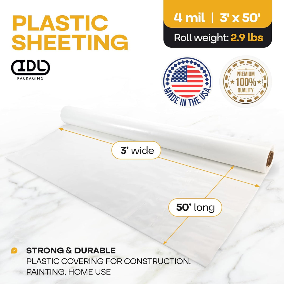 Plastic Sheeting 4 mil, 3' x 50' (150 sq. ft.) - Thick Semi-Clear Plastic Sheeting for Painting & Construction & Home Use - Heavy Duty LDPE Film Roll - Plastic Sheet for Drop Cloth by IDL Packaging
