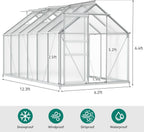 YITAHOME 12x6FT Polycarbonate Greenhouse Large Heavy Duty Green Houses Outdoor Aluminum Greenhouses with Sliding Doors Vent Window Walk-in Greenhouse for Garden Backyard, Silver